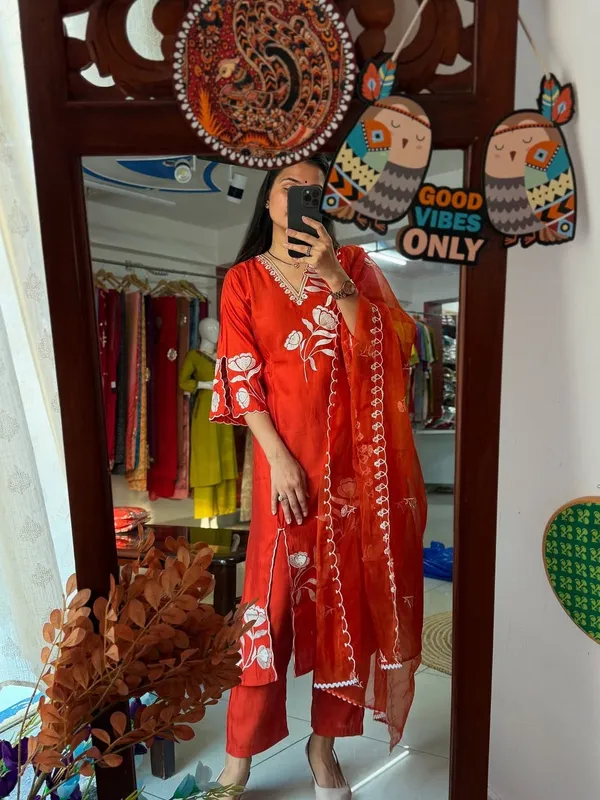 Bright_Orange_Elegant_Embroidery_Cotton_Kurta_Pant_Dupatta_Set
