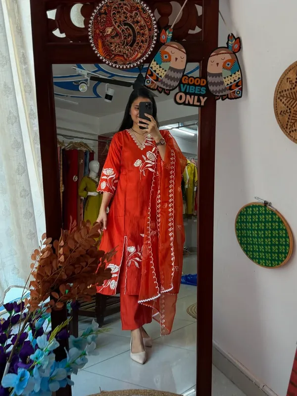 Bright_Orange_Elegant_Embroidery_Cotton_Kurta_Pant_Dupatta_Set