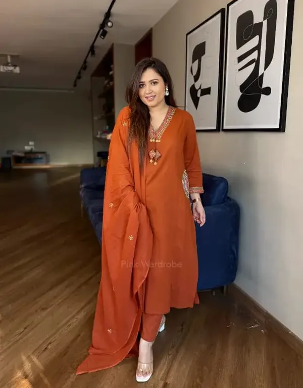 Premium_Rust_Orange_Solid_Kurta_Pant_Set_with_Dupatta_for_Women