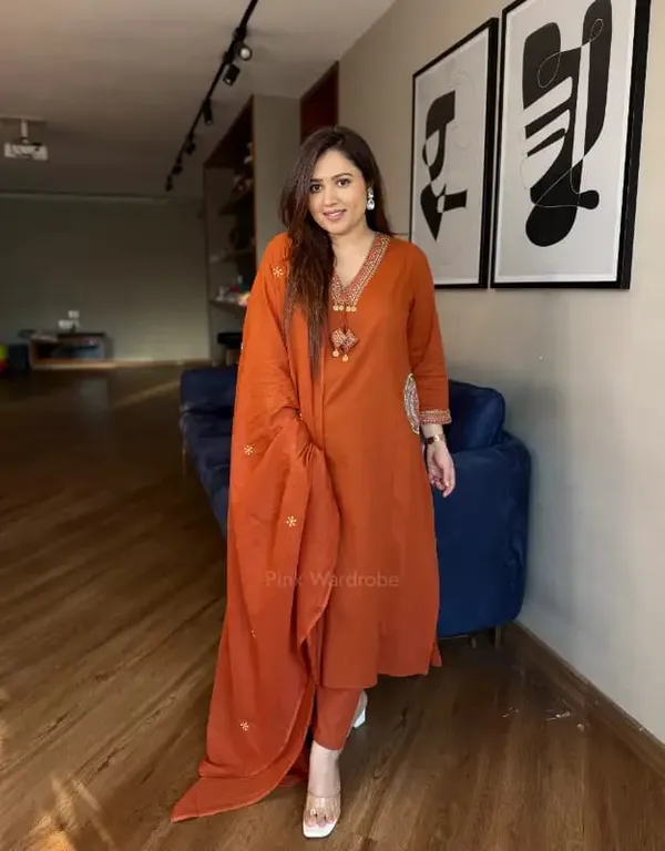 Premium_Rust_Orange_Solid_Kurta_Pant_Set_with_Dupatta_for_Women