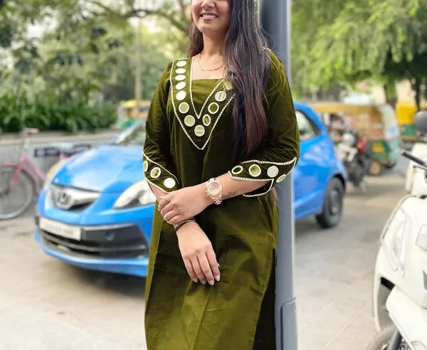 Mehndi_Cotton_Mirror_Work_Office_Wear_Readymade_2_Pcs_Kurti