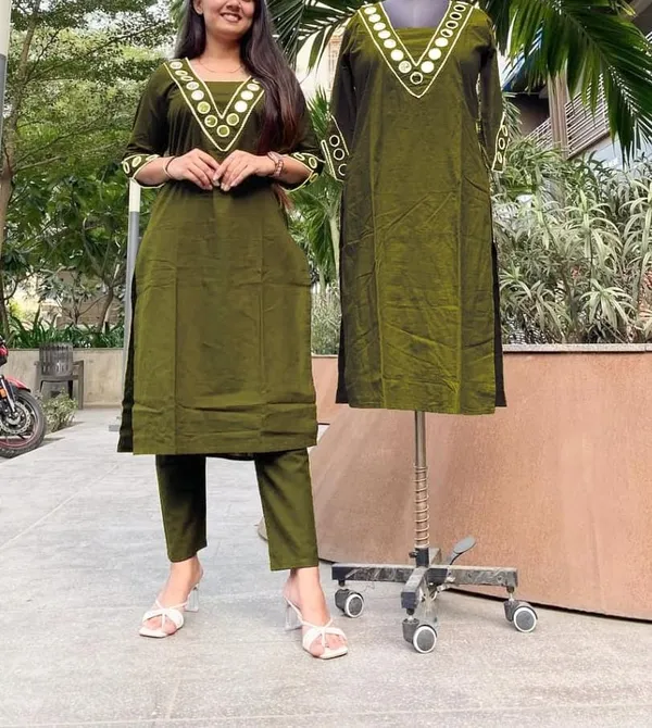 Mehndi_Cotton_Mirror_Work_Office_Wear_Readymade_2_Pcs_Kurti