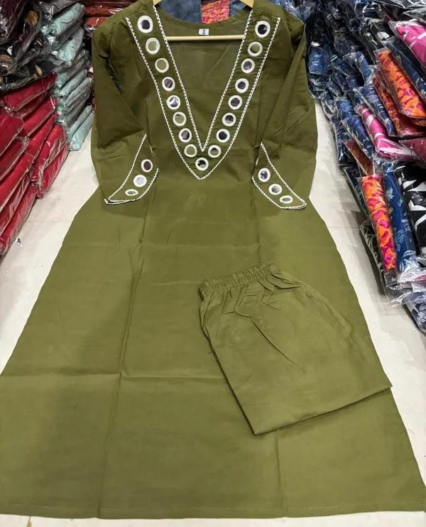 Mehndi_Cotton_Mirror_Work_Office_Wear_Readymade_2_Pcs_Kurti