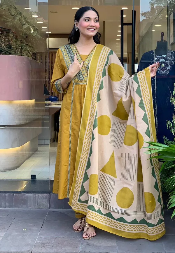 Yellow_Cotton_Premium_Kurta_Dupatta_Set_For_Women
