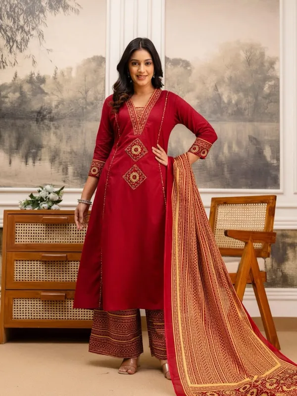 Royal_Maroon_Ethnic_Kurta_Set_with_Printed_Dupatta