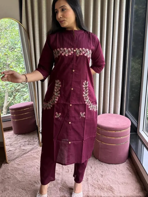 Premium_Maroon_Embroidered_Straight_Kurta_Pant_Set_for_Women