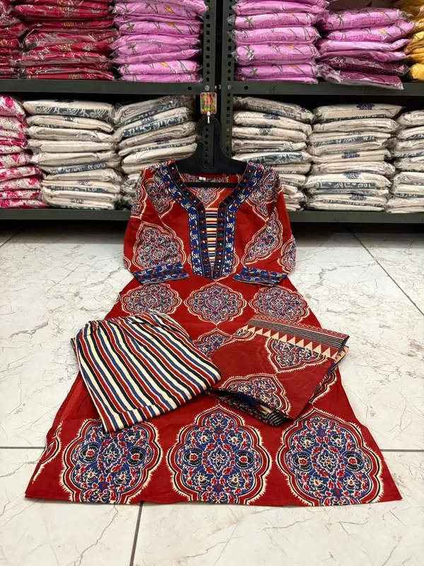 Cotton_Kurti_Pant_Set_With_Malmal_Dupatta_&_Neck_Sequence_Work_-_Red