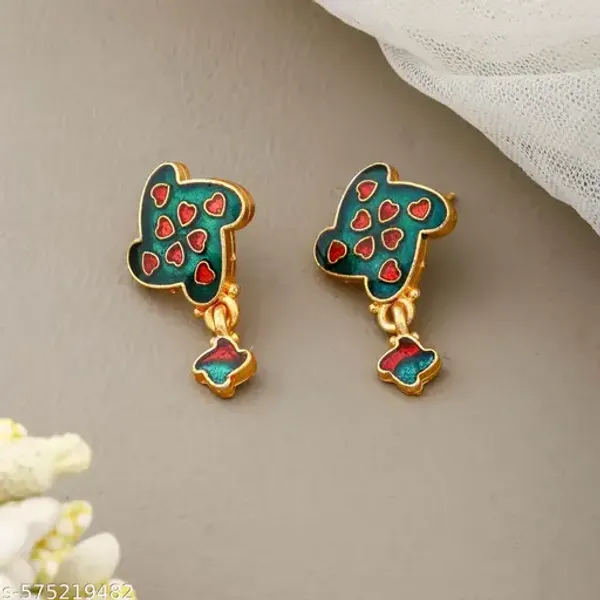 Trendy_Gold_Tone_Green_&_Red_Abstract_Shape_Dangle_Earrings_with_Heart_Motifs_–_Fun,_Fashionable_&_Eye-Catching