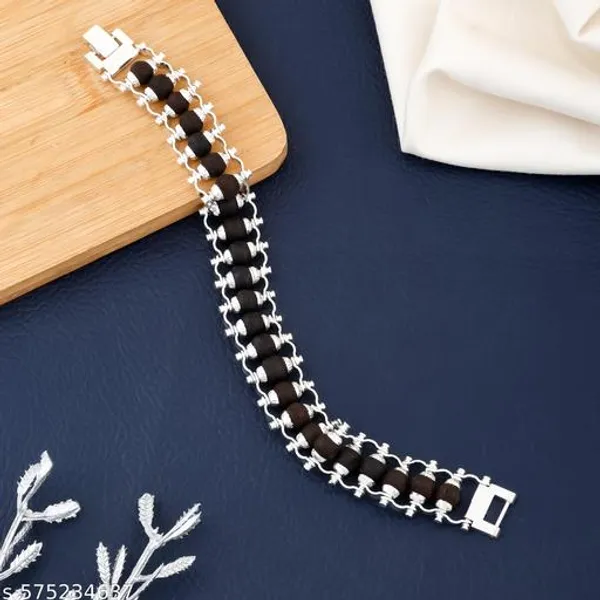 Handcrafted_Authentic_Karungali_Bead_Bracelet,_Silver_Plated_with_Elegant_Interlinked_Chain_&_Secure_Lock