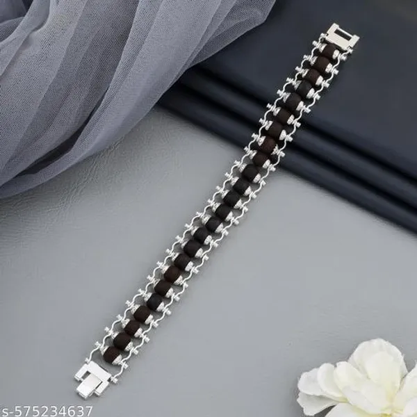 Handcrafted_Authentic_Karungali_Bead_Bracelet,_Silver_Plated_with_Elegant_Interlinked_Chain_&_Secure_Lock