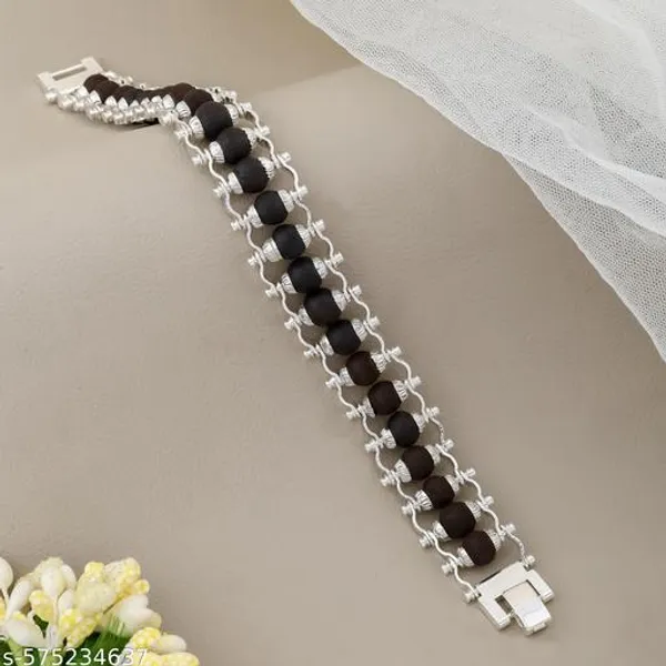 Handcrafted_Authentic_Karungali_Bead_Bracelet,_Silver_Plated_with_Elegant_Interlinked_Chain_&_Secure_Lock