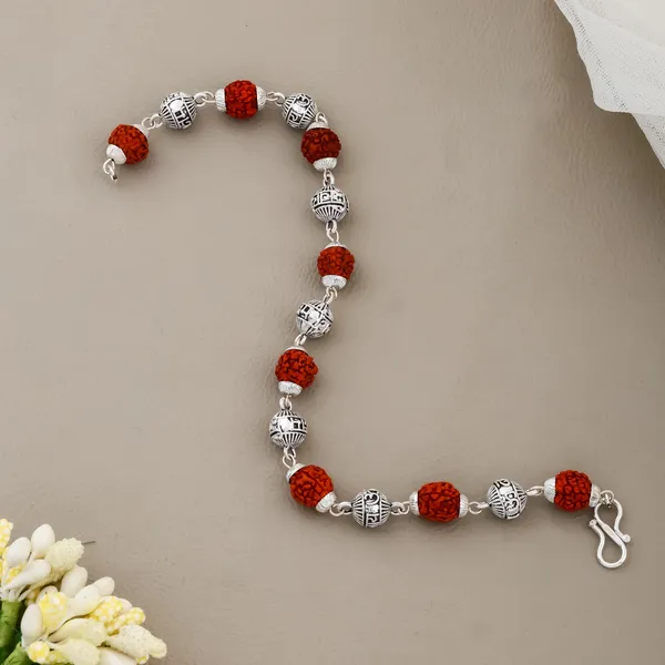 Silver_&_Brown_Metal_Rudraksha_Bracelet_For_Men_&_Women