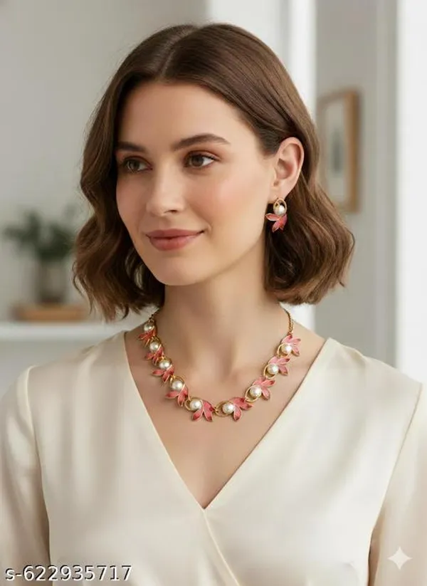 Elegant_Pink_Leaf_Design_Necklace_&_Earring_Set_with_Pearls_|_Gold_Plated_Jewelry_Set_for_Women