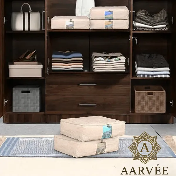 Set_Of-2_Beige_Cotton_Clothes_Storage_Bags,_With_Mesh_Window,_18_X_16_X_4.5_Inches,_Wardrobe_Organiser_For_Lehenga_And_Dresses