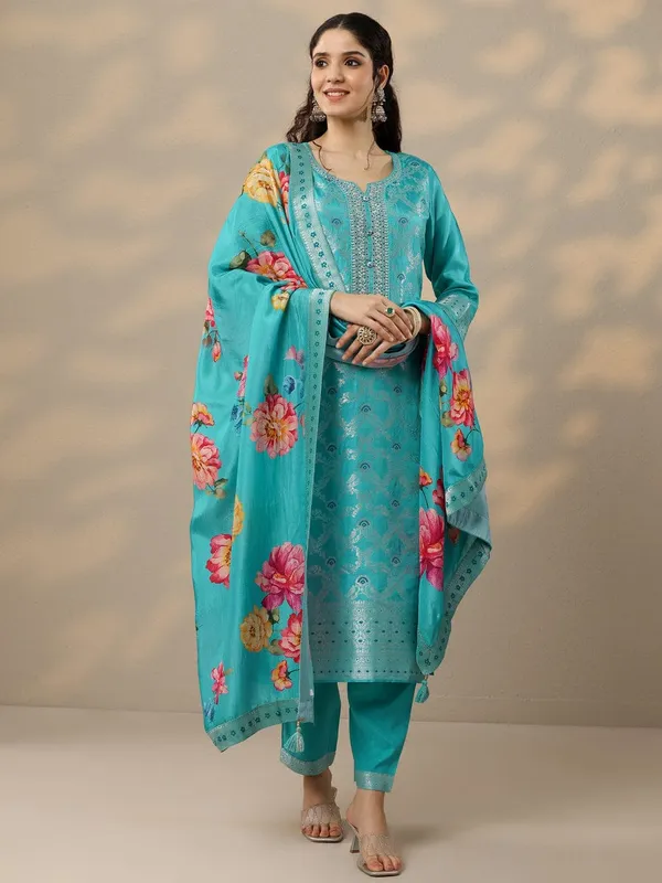 Classic_Teal_Kurta_Pant_With_Floral_Printed_Dupatta