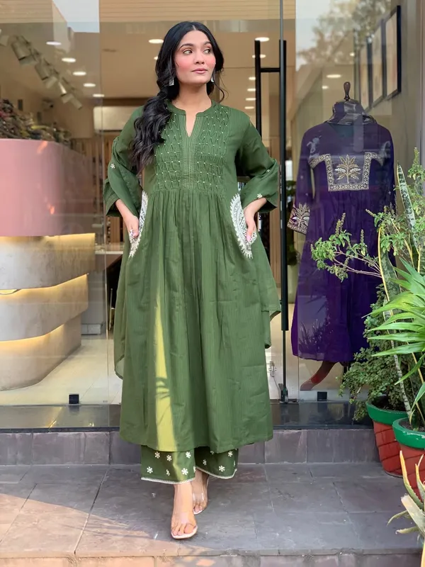 Designer_Olive_Green_Cotton_Suit_with_Gota_Patti_Work
