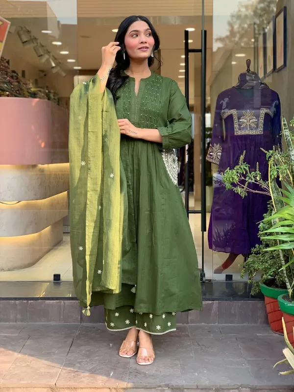 Designer_Olive_Green_Cotton_Suit_with_Gota_Patti_Work