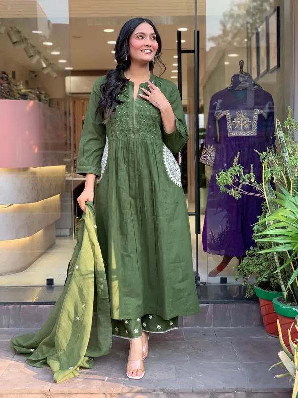Designer_Olive_Green_Cotton_Suit_with_Gota_Patti_Work