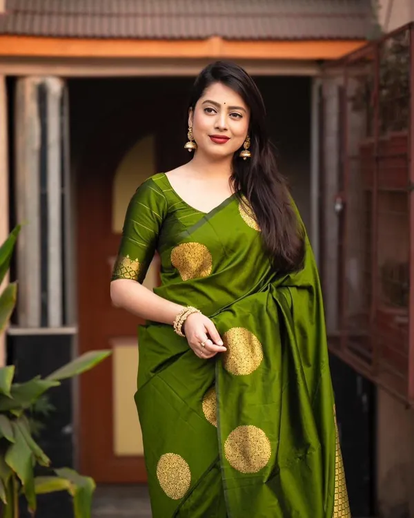 Elegant_Olive_Green_Silk_Saree_with_Golden_Polka_Zari_Design