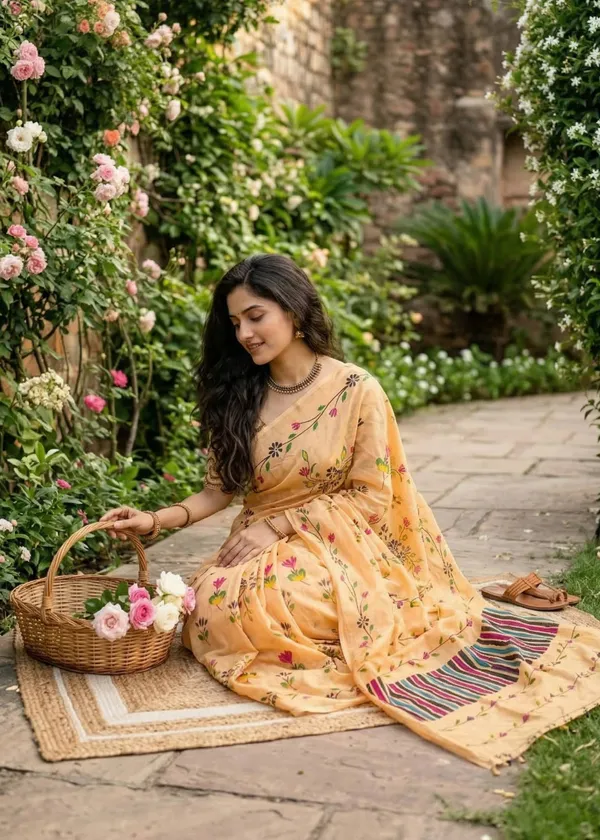Elegant_Peach_Floral_Printed_Cotton_Silk_Saree