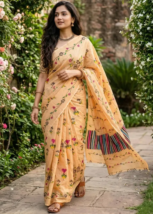 Elegant_Peach_Floral_Printed_Cotton_Silk_Saree
