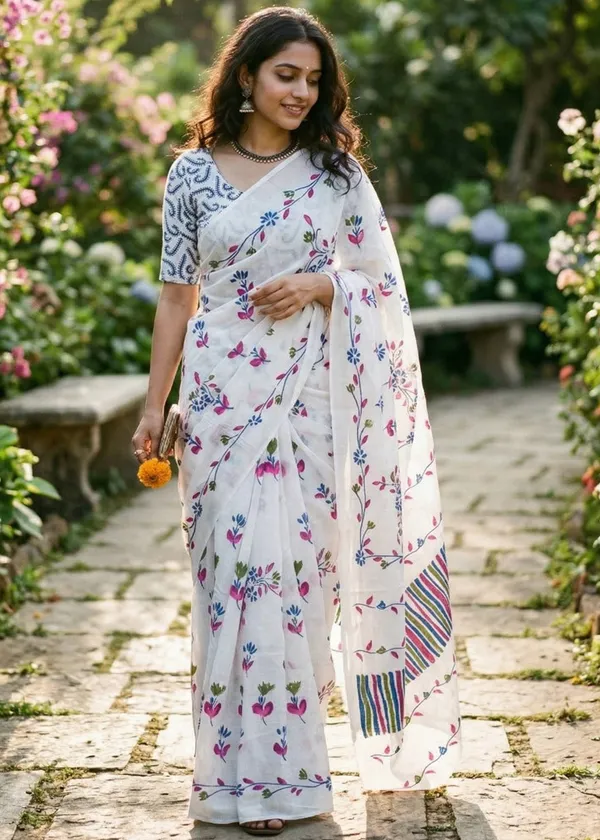 Elegant_White_Floral_Printed_Cotton_Saree