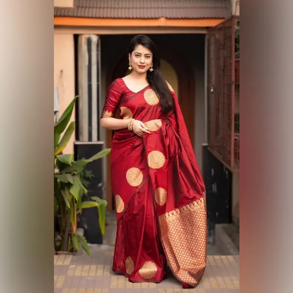 Elegant_Wine_Red_Silk_Saree_with_Golden_Polka_Zari_Design