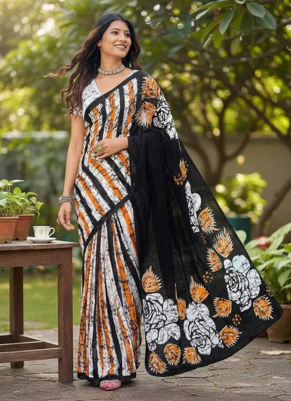 Funda_Luxe_Cotton_Saree_–_Black_Stripe_with_Floral_Statement_Pallu
