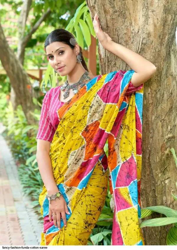 Funda_Pop_Cotton_Saree_–_Sunshine_Yellow_with_Multicolor_Patch_Print