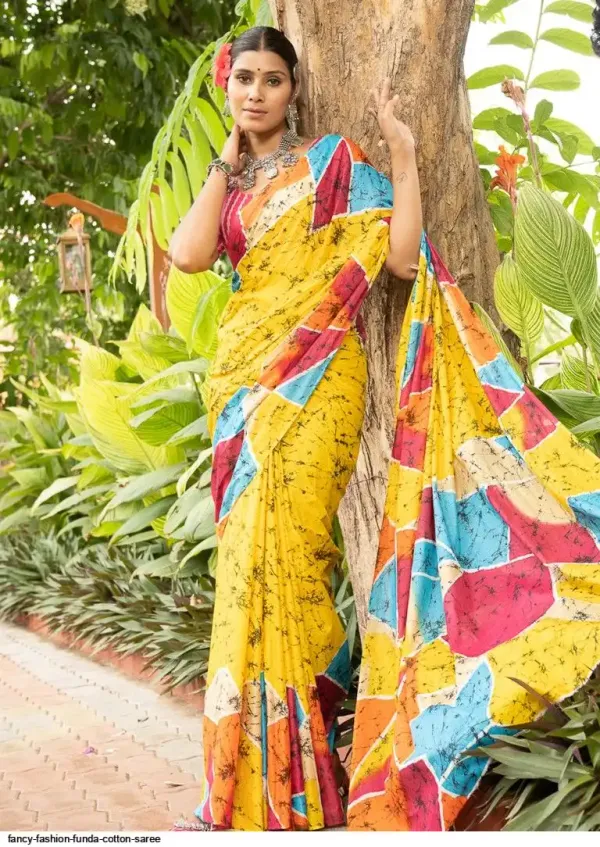 Funda_Pop_Cotton_Saree_–_Sunshine_Yellow_with_Multicolor_Patch_Print
