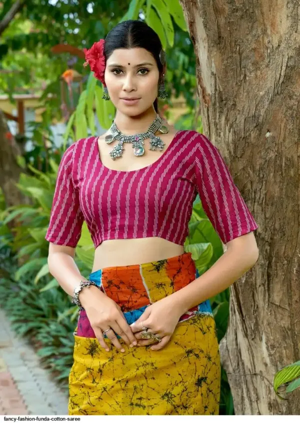 Funda_Pop_Cotton_Saree_–_Sunshine_Yellow_with_Multicolor_Patch_Print