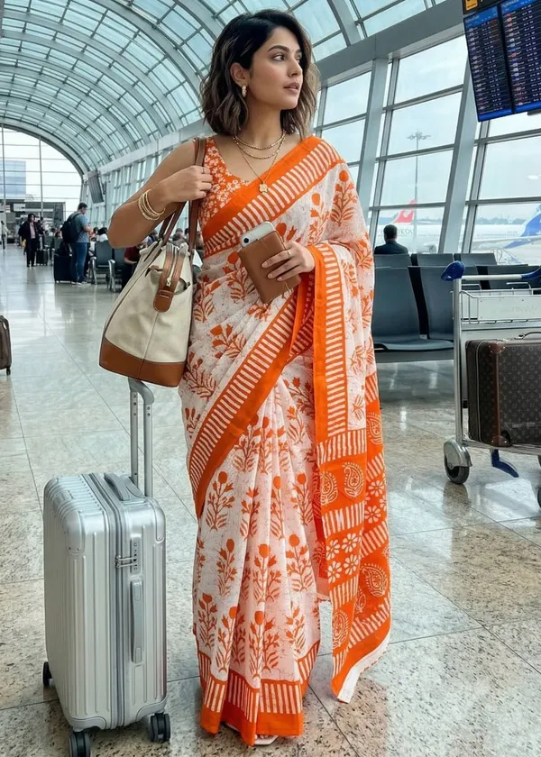 Ivory_Floral_Cotton_Saree_with_Bright_Orange_Border