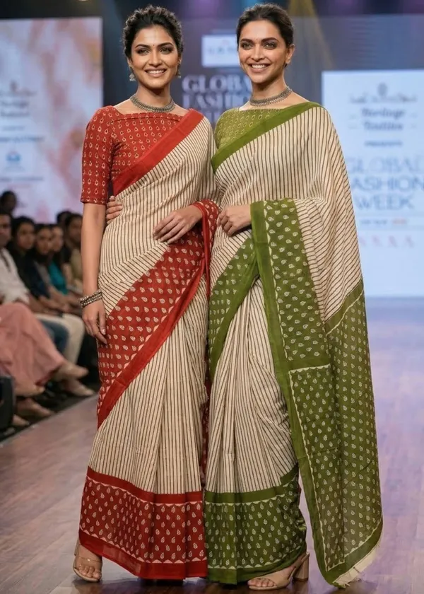 Ivory_Striped_Cotton_Saree_with_Olive_Green_Block_Print_Border