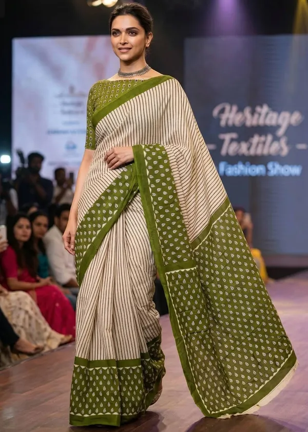 Ivory_Striped_Cotton_Saree_with_Olive_Green_Block_Print_Border