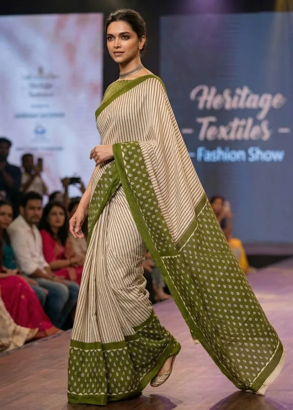 Ivory_Striped_Cotton_Saree_with_Olive_Green_Block_Print_Border