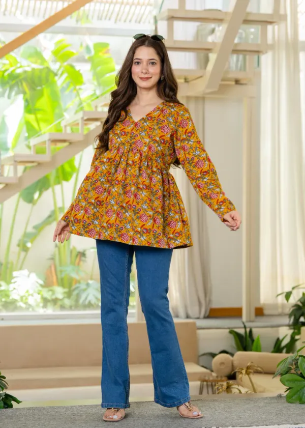 Mustard_Yellow_Floral_Flare_Cotton_Top
