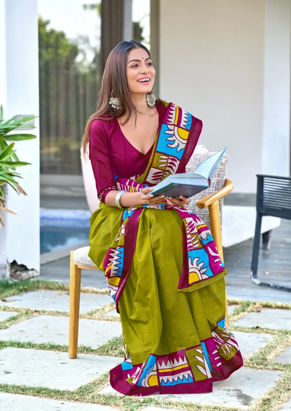 Prisha_Pure_Cotton_Saree_–_Parrot_Green_with_Multicolor_Artistic_Border