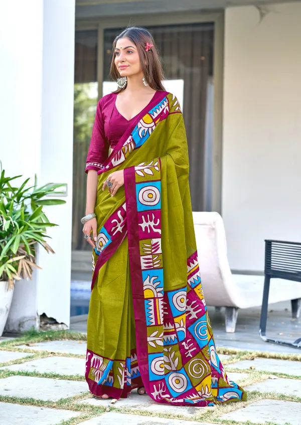 Prisha_Pure_Cotton_Saree_–_Parrot_Green_with_Multicolor_Artistic_Border
