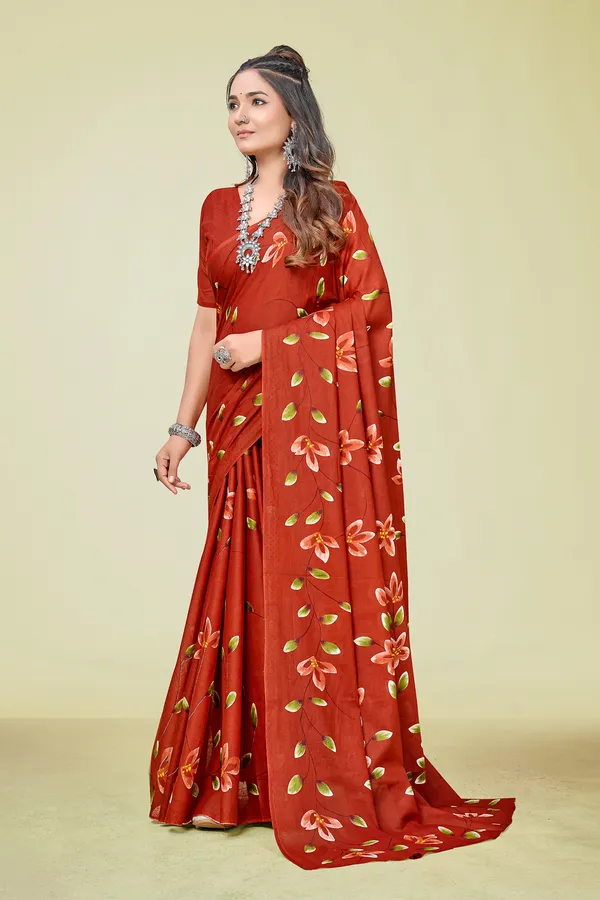 Rust_Floral_Printed_Cotton_Saree