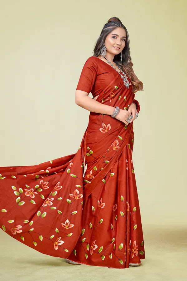 Rust_Floral_Printed_Cotton_Saree