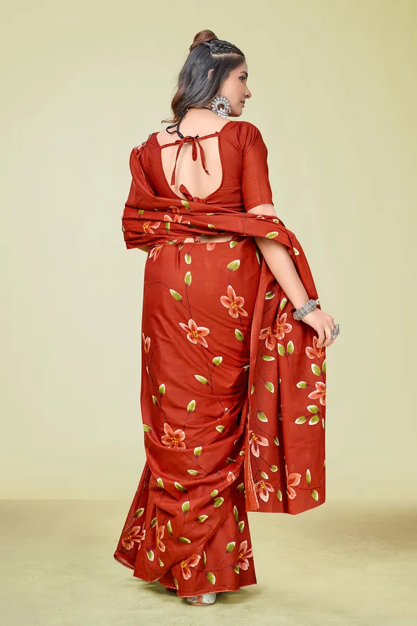 Rust_Floral_Printed_Cotton_Saree