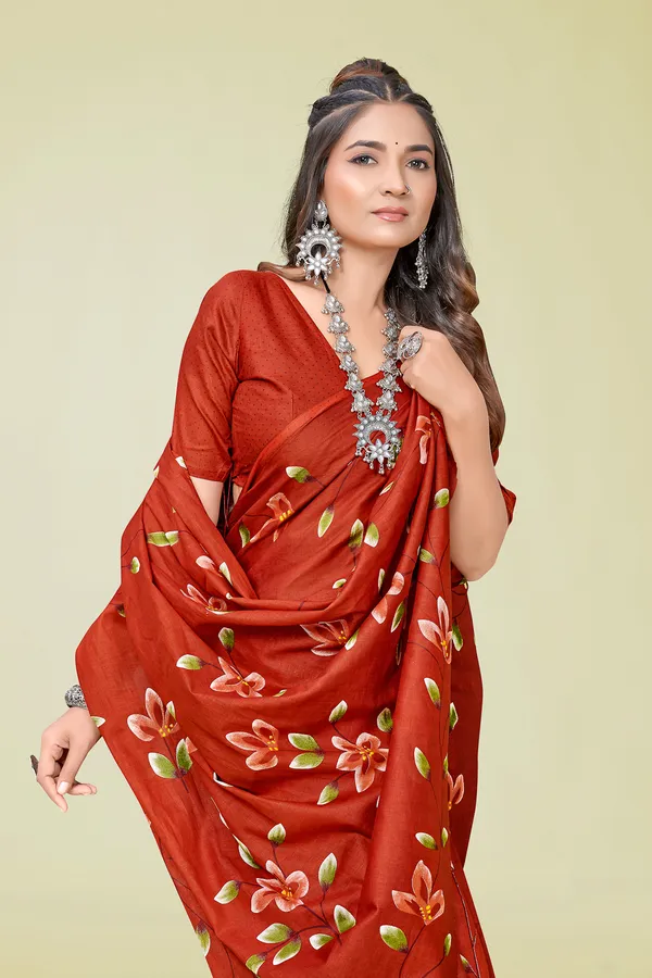 Rust_Floral_Printed_Cotton_Saree