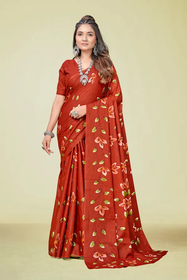 Rust_Floral_Printed_Cotton_Saree