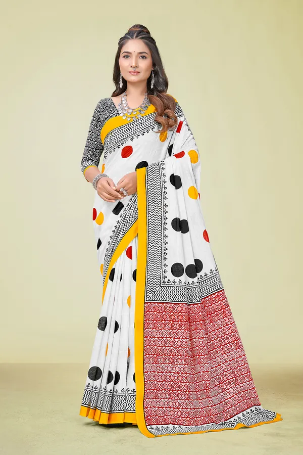 White_Polka_Dot_Printed_Cotton_Saree