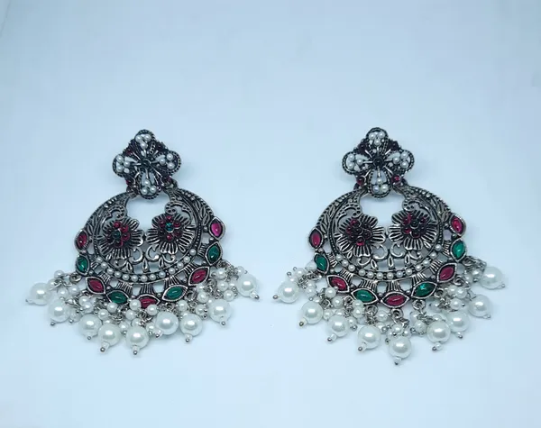 Avarni_Jewels:_Oxidized_Silver-Tone_Jhumka_Earrings_with_Red_&_Green_Stones_&_Pearl_Drops
