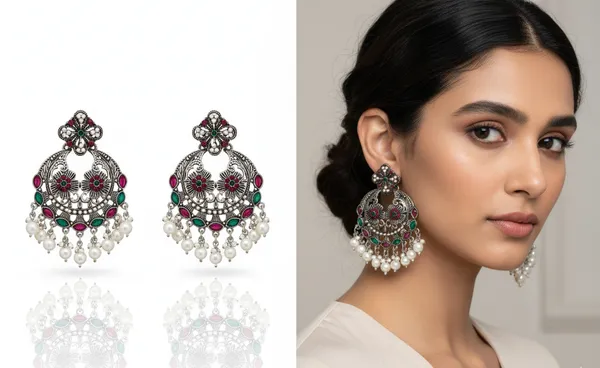 Avarni_Jewels:_Oxidized_Silver-Tone_Jhumka_Earrings_with_Red_&_Green_Stones_&_Pearl_Drops