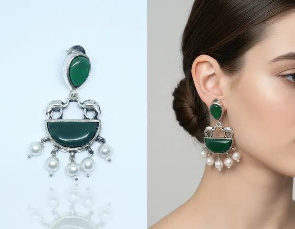 Oxidized_Silver_Elephant-Motif_Crescent_Earrings_with_Green_Stones_&_Pearl_Drops