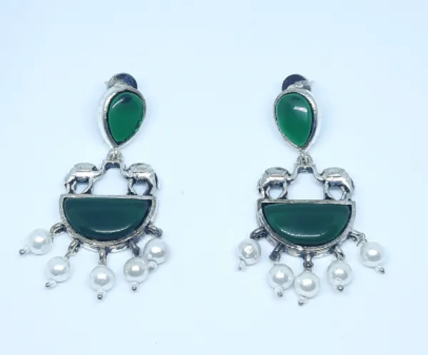 Oxidized_Silver_Elephant-Motif_Crescent_Earrings_with_Green_Stones_&_Pearl_Drops