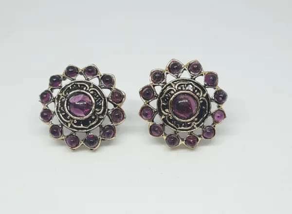 Antique_Gold_Floral_Stud_Earrings_with_Purple_Stones