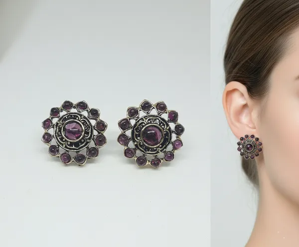 Antique_Gold_Floral_Stud_Earrings_with_Purple_Stones